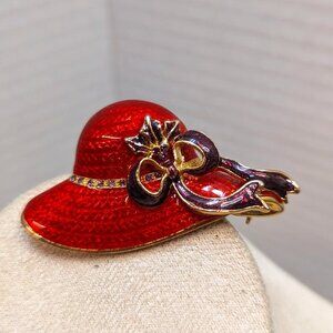 Vtg Red Hat Society Rhinestone Brooch Pin Pave Pendant Gold Tone Textured